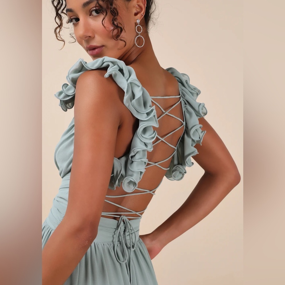 Lulus Soiree Celebration Light Blue Green Floral Ruffled Lace-Up Maxi prom Dress - Picture 2 of 12